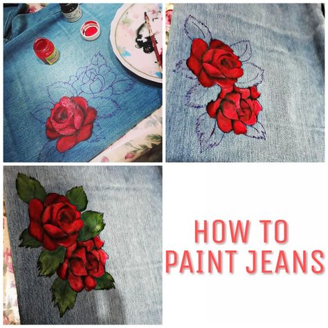 How to paint jeans #rose #floral #jeans #painting #redrose Painting On Jeans Ideas Flowers, Painting On Pants Ideas, Jean Drawing, Jeans Painting, Paint Jeans, Embroidery Jeans Diy, Jeans Drawing, Front Mehndi Design, Painted Clothes Diy