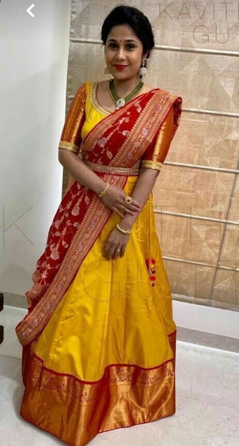 For orders what's app number 9515680282 Ikkat Half Saree Designs, Yellow Half Saree, Party Wear Frocks, Half Saree Lehenga, Saree Blouse Patterns, Half Saree Designs, Yellow Saree, Indian Lehenga, Designer Saree Blouse Patterns