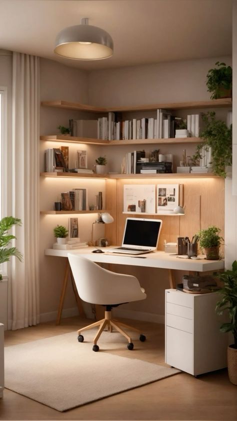 Minimalist Office Space Work Stations, Work Station In Bedroom Ideas, Desk Side Storage, Wall Finishes Interior, Garden Room Office Interior, Home Office Sloped Ceiling, Built In Desk Bedroom, Dark Home Office Ideas, Home Office Two Monitors