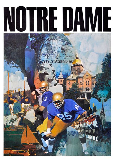 NOTRE DAME - vintage Big Ten poster series illustrated by Frank H. Wagner College Football Players, Illustrated Poster, Go Irish, University Of Notre Dame, Sports Posters, Football Illustration, Notre Dame Football, Posters For Sale, Notre Dame University