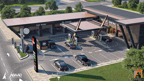 Petrol station on Behance Petrol Station Design Architecture, Carwash Design Architecture, Petrol Station Design Plan, Gas Station Design Architecture, Gas Station Plan, Gas Station Architecture, Petrol Station Design, Modern Gas Station, Gas Station Design