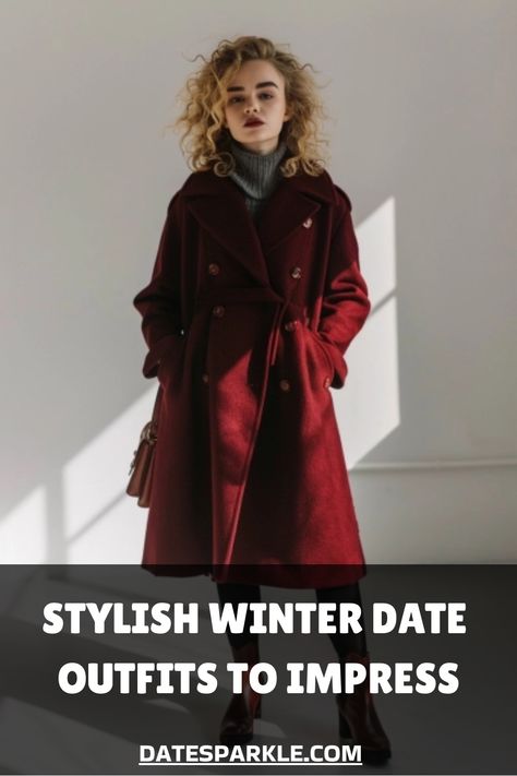 Fashionable woman in a red coat and gray turtleneck, showcasing winter date outfit. Winter Date Outfit Ideas, Winter Date Night Outfit, Outfits To Impress, Beige Knit Dress, Winter Date Outfits, Black Turtleneck Dress, Winter Date Night, Winter Date Night Outfits, Date Night Outfit Ideas