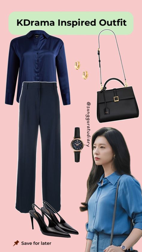 Hong Hae In Kim Ji Won Queen of Tears KDrama Inspired Outfit Navy Blue OOTD Blue Ootd, Navy Blue Outfit, Outfit Navy, Outfit Tips, Casual Ootd, Navy Outfit, Korean Casual Outfits, Navy Blue Shirts, Kim Ji Won