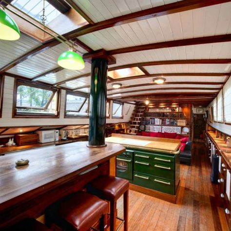 Houseboat Design, Tiny Houseboat, Small Houseboats, Barge Interior, Unique Airbnb, Barge Boat, Boat House Interior, Boat Interior Design, Houseboat Living