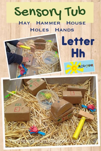 alphabet letter h sensory tub. H is for hay, hammer, house (homes), holes and hands. Letter Hh craft and activity ideas. Mylittlesonbeam.blogspot.com Homeschool preschool learning activities and weekly lesson plans. Letter H Sensory Activities, Letter H Sensory Bin, Letter H Activities For Preschool, Sensory Alphabet, Letter H Activities, Letter H Crafts, Sensory Tables, Preschool Sensory, Sensory Tubs