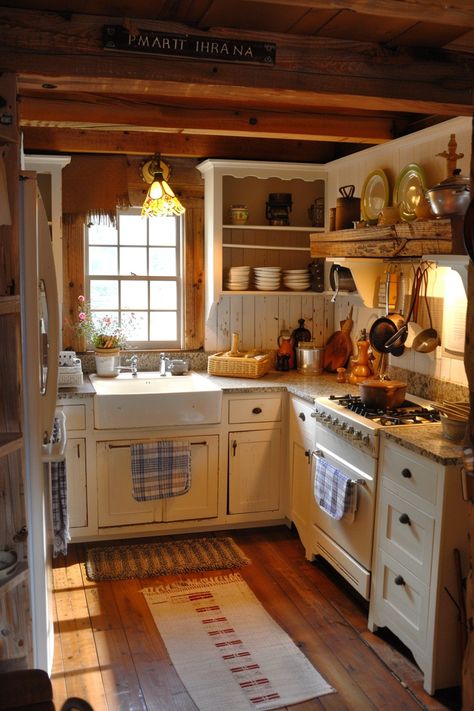 Find top cozy cottage kitchen inspirations that blend modern minimalism with a warm, inviting atmosphere. 🌟🏡 Cozy Small Cottage Interior, Homey Cottage Interior, Storybook Cottage Kitchen, Dream Kitchen Cozy, Small Cottage Kitchen Ideas Layout, Cute Cottage House Interior, Cottage Cabin Interior, Small Farmhouse Ideas, Cozy Cottage Interiors Small Houses