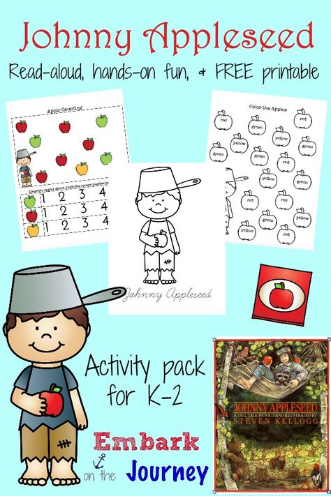 Free Johnny Appleseed Printable Pack  Download a free Johnny Appleseed printable pack for grades K-2. Johnny Appleseed Activities, Apple Unit Study, Apple Kindergarten, Read Aloud Activities, Homeschool Lessons, Apple Preschool, Apple Unit, Johnny Appleseed, Apple Activities