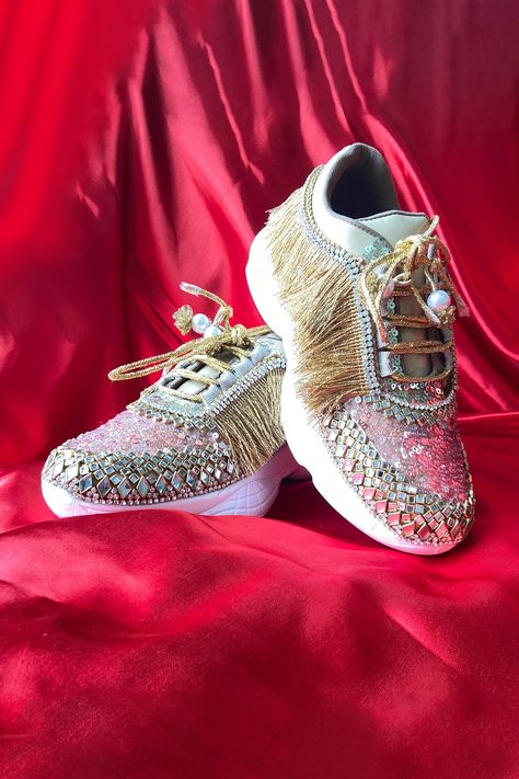 Fancy Sneakers, Wedding Shoes Sneakers, Indian Wedding Shoes, Quirky Shoes, Bridal Sneakers, Shoe Makeover, Indian Shoes, Golden Crystal, Diy Sneakers