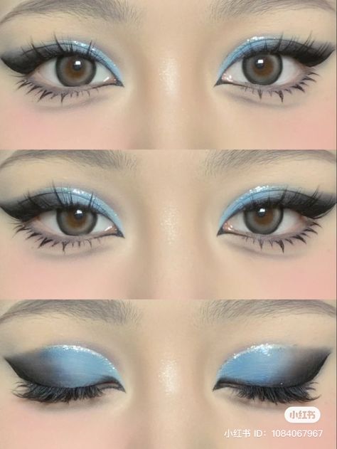 Eye Makeup That Makes Blue Eyes Pop, Blue Wedding Makeup Looks, Light Blue Eyeliner Looks, Blue Formal Makeup, Natural Blue Makeup, Blue Themed Makeup, Blue And Black Eye Makeup, Cute Blue Makeup, Blue Douyin Makeup