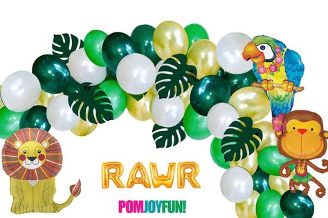 Arch Balloon Backdrop, Dinosaur Balloon Pillar, Dinosaur Balloon Garland, Balloon Animal Dinosaur, Safari Animal Balloons, Tropical Arch, Jungle Balloons, Diy Dinosaur, Jungle Theme Birthday Party