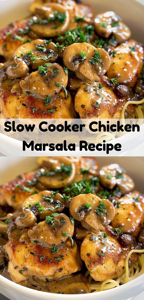 Easy Slow Cooker Chicken Marsala: flavorful chicken in a creamy Marsala sauce. Tasty dinner! Chicken Marsala Crockpot, Slow Cooker Chicken Marsala, Diet Dishes, Chicken Wild Rice Casserole, Sausage Pie, Chicken Marsala Recipe, Marsala Recipe, Marsala Chicken Recipes, Easy Slow Cooker Chicken