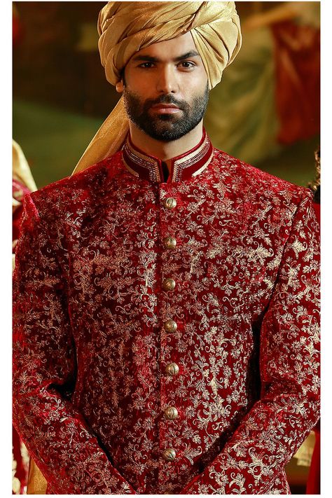 Maroon & Gold Velvet Zari Embroidered Wedding Sherwani-SH319 Suit For Men Wedding, Indian Groom Dress, Wedding Kurta For Men, Groom Dress Men, Wedding Outfits For Groom, Wedding Dresses Men Indian, Sherwani Groom, Mens Sherwani, Maroon Wedding