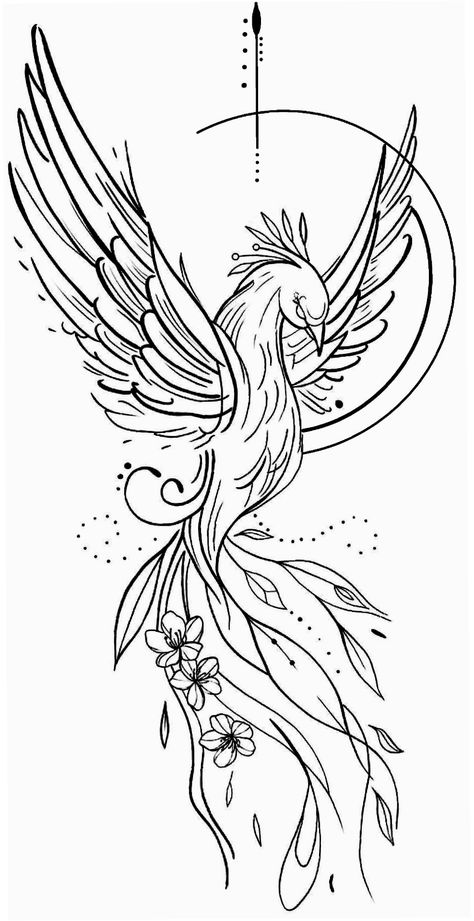 Phoenix Tattoo On Hip, Lion And Phoenix Tattoo, Phoenix Drawing Sketches Simple, Pheonix Thigh Tattoos Women, Moon Bird Tattoo, Dragon Tattoo Stencil Designs, Phoenix And Moon Tattoo, Pheonix Tattoo For Women On Chest, Fineline Phoenix Tattoo