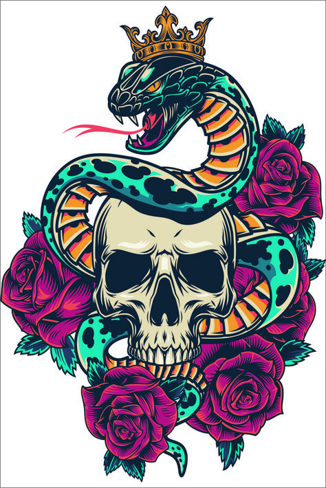 Skull design for more items with this design check the link Skull Designs For Shirts, Skull Snake Drawing, Tattoo Tshirt Design Ideas, Tattoo Poster Design Graphics, Colorful Skull Tattoo, Skull Graphic Design, Hemp Art, Skull Tattoo Flowers, Colorful Skull Art