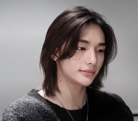 Hyunjin Long Haircut, Hyunjin Side Profile Long Hair, Korean Wolf Cut Men, Asian Boy Haircut, Hyunjin Haircut, Hyunjin Hair, Hyunjin Long Hair, Asian Boy Haircuts, Boys Long Hairstyles