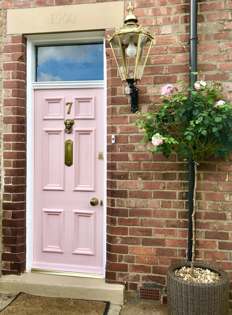 My newly painted pink front door. It reminds me of strawberry milkshake...... Light Pink Front Door Brick House, Pink Front Door Red Brick House, Pink Door Red Brick House, Pink Door Brick House, Pale Pink Front Door, Brick House Pink Door, Pink Front Door Brick House, Pink Door Exterior, Front Door Aesthetic