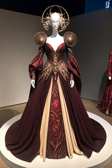 Aries zodiac sign inspired gown Zodiac Inspired Outfits, Aries Inspired Outfits, Gon Outfits, Red Fantasy Gown, Medieval Inspired Fashion, Mythical Outfits, Phoenix Gown, Aries Dress, Fancy Attire