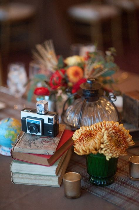 books and old school camera Maine Wedding Decor, Flower Table Centerpieces, Coastal Autumn, Camera Wedding, Travel Party Theme, Bags Cheap, Ocean Wedding, Tablescape Inspiration, Flower Table