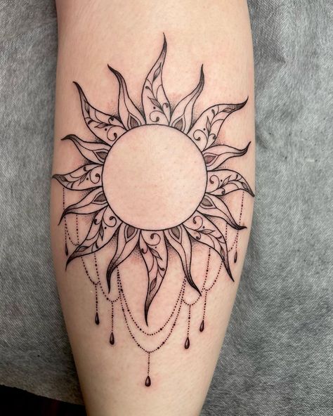 ornamental sun 🌞 obsessed with this placement and style! I’d love to do more custom work like this :) . . . . . . . . . #sun #suntattoo… | Instagram Sun Dream Catcher Tattoo, Sun And Planets Tattoo, Hand Sun Tattoo, Sun On Knee Tattoo, Sun Thigh Tattoos Women, Pretty Sun Tattoo, Sun And Moon Knee Tattoo, Mandala Sun And Moon Tattoo, Sun With Clouds Tattoo