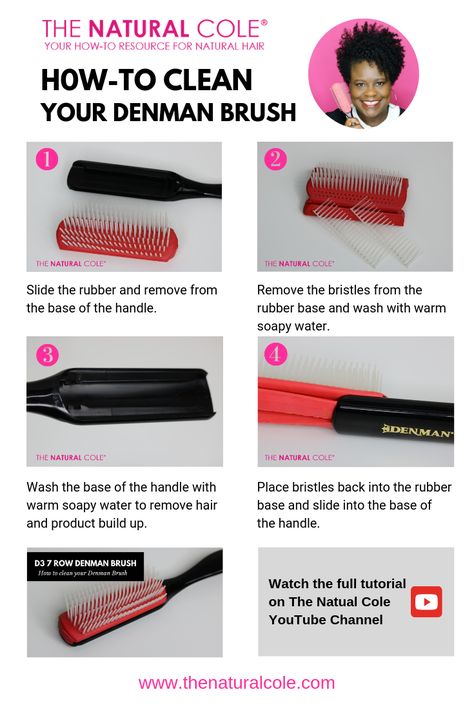 How often do you clean your #DenmanBrush? Steps to clean your #DenmanBrush 1. Slide the rubber and remove from the base of the handle. 2. Remove the bristles from the rubber base and wash with warm soapy water. 3. Wash the base of the handle with warm soapy water to remove hair and product build up. 4. Place bristles back into the rubber base and slide into the base of the handle. Watch the video "How-To Clean Your Denman Brush" Click the link to watch the step-by-step video. How To Denman Brush, How Do You Clean Hair Brushes, Using A Denman Brush Wavy Hair, How To Use The Denman Brush On Curly Hair, Clean Hairbrush Buildup, Cleaning Hairbrush, Types Of Hair Brushes, 2b Hair, Cantu Hair Products