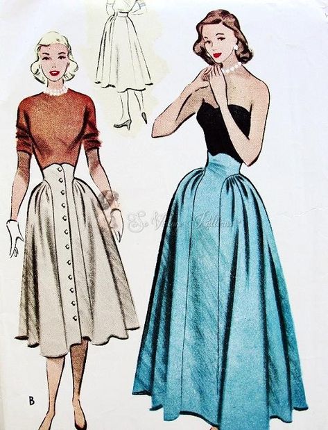 High Waist Skirt Pattern, Skirts Vintage, Patron Vintage, Fashion Illustration Vintage, Dress Patterns Free, Vintage Dress Patterns, Fashion 1950s, High Waist Skirt, Sewing Skirts