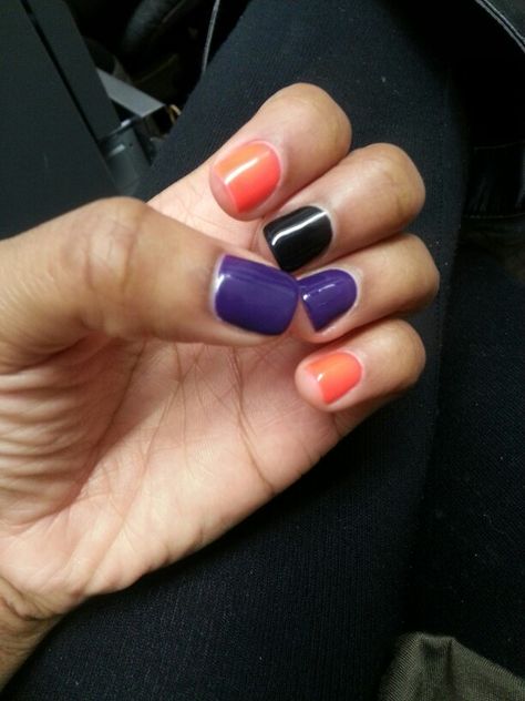 Different color nails...purple, orange, & black Purple Black Orange Nails, Black Purple Orange Nails, Orange And Purple Nails Halloween, Purple Orange Black Nails, Halloween Nails Purple And Orange, Orange Purple Nails, Purple Orange Nails, Black And Purple Halloween Nails, Orange And Purple Nails