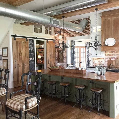 Love this farmhouse kitchen with exposed duct work and brick walls - part of this farmhouse tour kellyelko.com Exposed Brick Kitchen, Farmhouse Tour, Brick Kitchen, Brick Walls, Kitchen Farmhouse, Apartment Life, Open Concept Kitchen, Eclectic Home, Exposed Brick