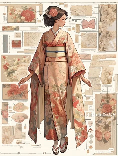 Woman In Kimono Drawing, Kimono Design Ideas, Kimono Aesthetic Traditional, How To Draw Kimono, Japanese Clothes Drawing, Japanese Kimono Drawing, Japanese Fantasy Clothes, Anime Kimono Outfit, Kimono Inspired Outfit