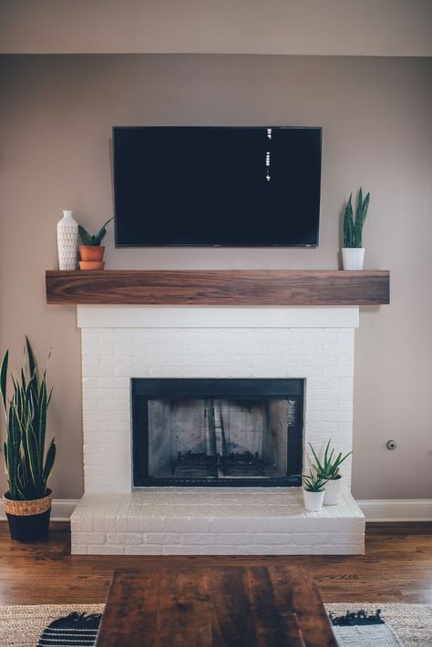 Walnut Mantel, Mantel Diy, Fireplace Modern, White Brick Fireplace, Simple Paint, Diy Mantel, Fireplace Redo, Simple Paintings, Diy Fireplace Makeover