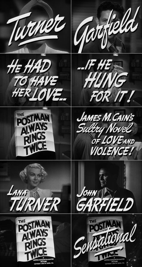 Movie Typography, The Postman Always Rings Twice, Postman Always Rings Twice, Classic Film Noir, John Garfield, Classic Films Posters, The Postman, Noir Movie, Lana Turner