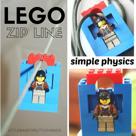 Make a quick and easy Lego zip line to test out slopes, angles, gravity and tension plus engineering skills. Lego zip lines are fun! Cool Things To Build, Steam Challenges, Lego Challenge, Child Education, Lego Activities, Zip Line, Homemade Toys, Lego Storage, Cool Science Experiments