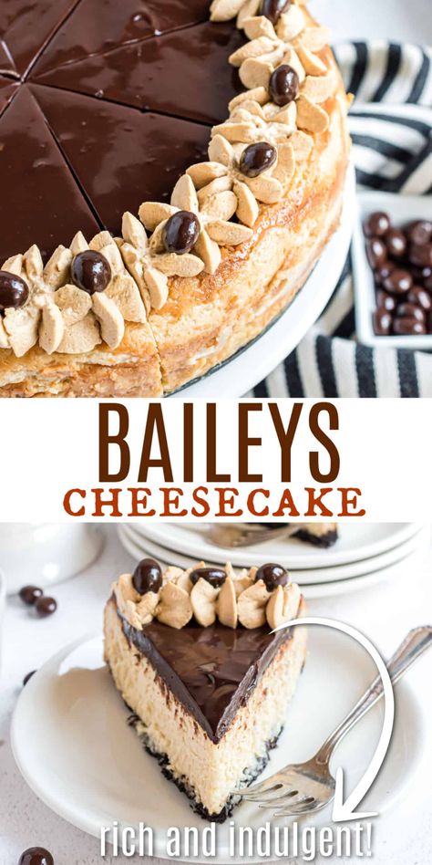 The great taste of Cheesecake and Bailey's Irish Cream all in one dessert! This Baileys Cheesecake recipe has an oreo cookie crust, creamy cheesecake with Irish Cream, chocolate ganache, and an espresso whipped cream! Bailey’s Cheesecake Recipe, St Patricks Day Cheesecake Recipes, Irish Cream Cheesecake Recipes, Bailey’s Cheesecake, Whipped Cheesecake Recipes, Baileys Cheesecake Recipes, Cheesecake Flavors Ideas, Whiskey Cheesecake, Irish Cheesecake