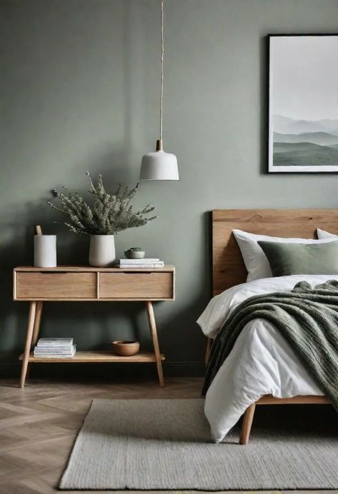 Grey Green Accent Wall Bedroom, Calm Earth Tone Boho Minimalist Bedroom, Green Tone Bedroom, Sage Green Farmhouse Bedroom, Soft Green Bedroom, Bedroom Ideas Trendy, Green Farmhouse Bedroom, Grey Green Bedrooms, Sage Green Farmhouse