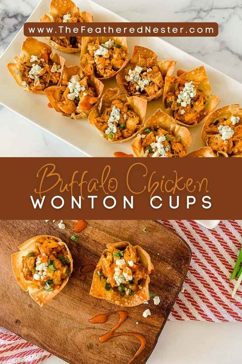 These Buffalo Chicken Wonton Cups, also known as buffalo chicken bombs, are the perfect mix of crispy, spicy, and cheesy! Ideal as bite-sized snacks or appetizers, they’re sure to be a hit at any gathering. Try them for a flavor-packed treat everyone will love! Buffalo Chicken Dip Healthy, Buffalo Chicken Wonton Cups, Buffalo Chicken Cups, Chicken Cups, Buffalo Chicken Wontons, Wonton Appetizers, Healthy Buffalo Chicken Dip, Wonton Wrapper Recipes, Dip Healthy