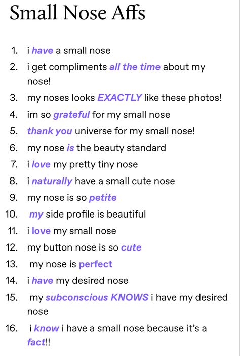 Small Nose Subliminal Results, Desired Nose Affirmations, How To Manifest Desired Face, Button Nose Affirmations, Facial Harmony Affirmations, Slim Nose Affirmations, Manifesting Desired Face, Straight Hair Affirmations, Manifest Desired Face