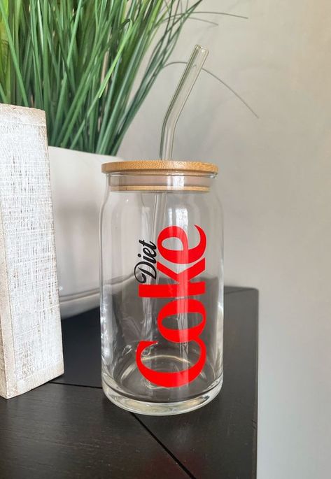 Diet Coke Beer Glass Can | Diet Coke Tumbler | Glass Coffee Cup | Soda Glass Can | Coca Co #sublimationdesigns #tumblerdesigns #vinyldesigns #sublimationideas #tumblerwraps #svg Clear Coffee Cup Design, Cricut Cup Design Ideas, Soda Glass Design, Can Cups Ideas, Cricut Glass Cups Ideas, Circuit Cup Designs, Christmas Glass Cup Ideas, Glass Can Design Ideas, Glass Cups With Bamboo Lids