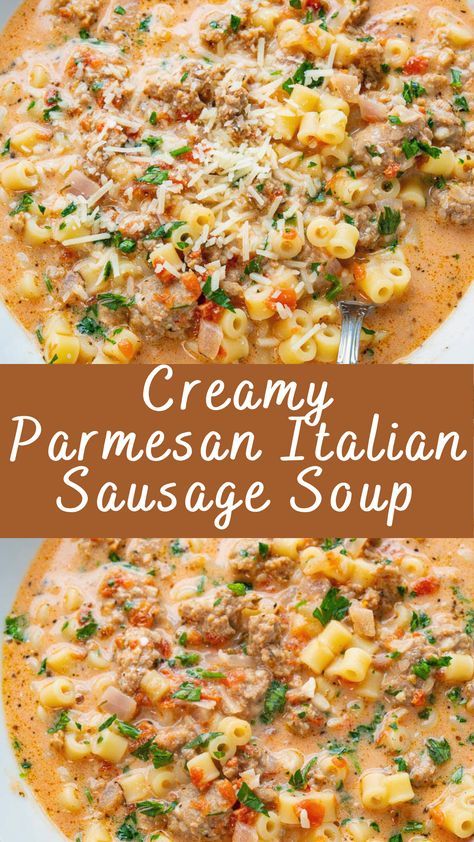 Creamy Parmesan Italian Sausage Soup Recipe | Cheff Recipes Creamy Italian Sausage Soup, Sausage Soup Recipes, Italian Sausage Soup, Creamy Parmesan, Sausage Soup, Fall Soups, Easy Soups, Easy Soup Recipes, Sausage Recipes