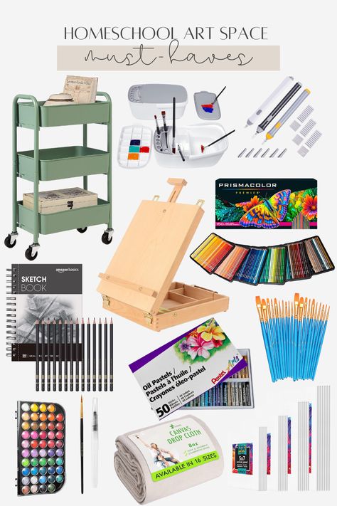 A collage of items for a homeschool art space.

Products feature a green three-drawer bin, a paintbrush cleaning set, an automatic fine-tip eraser, a tabletop easel, a sketch pad and graphite pencils, watercolor paints, a drop canvas, a pack of four sizes of canvas boards, paintbrushes, and Prismacolor colored pencils.

All items are budget-friendly and can be found easily on my Amazon shop. Things That Artists Need, Drawing Supplies For Beginners, Amazon Art Must Haves, Art Supplies Must Have, Artist Must Haves Art Products, Painting Items Products, Art Supplies Every Artist Needs, Drawing Supplies Organization, Best Art Supplies On Amazon