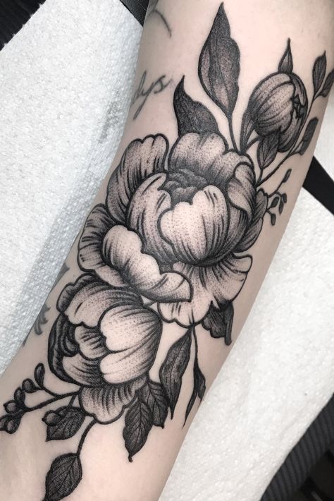 Terrarium Tattoo, Black Flowers Tattoo, Peony Flower Tattoos, Tattoo Shading, Floral Tattoo Sleeve, Peonies Tattoo, Tattoo Portfolio, Up Tattoos, Black Ink Tattoos