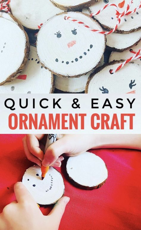 Quick and Easy Snowman Wood Slice Ornament Craft - Glitter On A Dime Easy Painting On Wood, Painting On Wood Slices, Wood Slice Christmas Ornaments, Group Holiday, Wood Slice Christmas, Easy Ornaments, Make A Snowman, Ornament Craft, Candy Cane Ornament