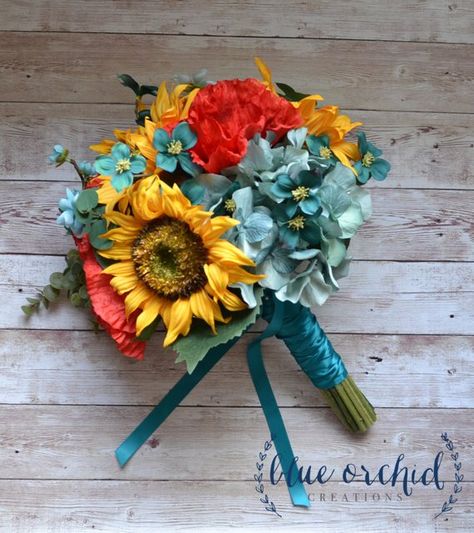 Sunflower Bridal Bouquet with Red Poppies, Teal, Turquoise Flowers, and Greenery - Fall Wedding Bouq Sunflower And Teal Wedding, Teal Hydrangea, Teal Sunflower, Pretty Wedding Bouquet, Sunflower Bridal Bouquet, Spring Wedding Bouquets, Sunflower Wedding Bouquet, Bridal Sunflowers, Red Bouquet Wedding