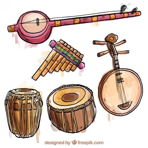 Hand painted exotic instruments Free Vec... | Free Vector #Freepik #freevector #watercolor Indian Musical Instruments Painting, Painted Musical Instruments, Indian Musical Instruments Drawing, Music Instruments Drawing, Musical Instruments Clipart, Indian Instruments, Indian Musical Instruments, Musical Instruments Drawing, Bunny Sketches