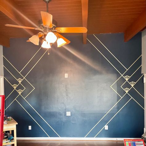 Freestyle gold washi tape on large wall painted with valspar Pitch Cobalt Masking Tape Wall, Washi Tape Wall Art, Washi Tape Wall, Living Room Design Styles, Tape Wall Art, Tape Wall, Cool Wall Art, Star Wall, Decor Home Living Room