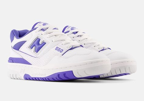 As far as 1980s team-based New Balance 550 colorways are concerned, none of them quite hit the mark as well as those of today. Even though it is an actual child of the 1980s, it is a surefire hit when the company releases a new drop that follows a simple formula of *white leather base* and *secondary accent color* NB’s latest women’s-only 550 features an all-white leather upper with royal purple accents and matching midsole, creating another eye-catching colorway for the iconic runni New Balance 550 Purple, New Balance 550 White, Balance 550, Purple Accents, Royal Purple, New Balance Sneaker, Accent Colors, White Leather, New Balance