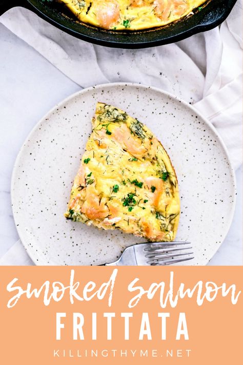 This creamy and fluffy smoked salmon frittata is packed with flavor and perfect for Sunday brunch—whether you're keeping it lazy or entertaining! #smokedsalmon #frittata #eggs #bruchrecipes #brunch Salmon Frittata, Lox Bagel, Smoked Salmon Frittata, Frittata Muffins, Smoked Salmon And Eggs, Bagel Breakfast Sandwich, Lox And Bagels, Thyme Recipes, Salmon Eggs