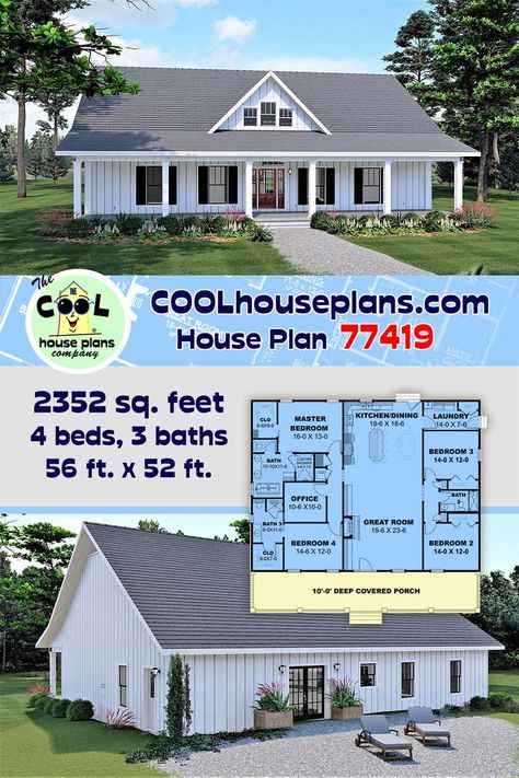 New homeowners will find that this house is economical to build because of its simple rectangular footprint. The exterior dimensions are 56′ wide x 52′ deep, so the house will fit on any standard lot. Furthermore, the real estate value is high because it has four bedrooms.

Inside of this home design, the floor plan is split into three sections. Open living space is seen in the center section, and the bedrooms are arranged on the sides of the house. 4 Bed 3 Bath Barndominium, Southern Style House, Southern Style House Plans, Southern House Plan, White Siding, Southern House, Ranch House Plan, Ranch House Plans, Home Decoration Ideas