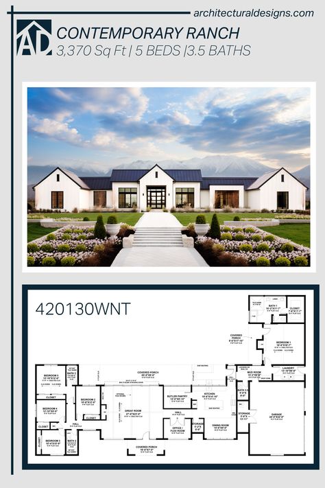 Contemporary Ranch House Plan 420130WNT gives you 3370 square feet of living space with 5 bedrooms and 3.5 baths House Plans Around 2000 Sq Ft, 7 Bedroom House Plans 1 Story, H Floor Plan, Midwest House Plans, New House Construction Checklist, 4 Bedroom House Plans Open Floor Jack And Jill, 8 Bedrooms House Plans, House Design Plans One Floor 4 Bedrooms, 7 Bedroom Ranch House Plans