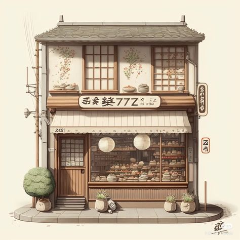 Japanese Bakery Exterior, Japanese Building Reference, Japanese Shop Drawing, Japanese Cafe Exterior, Japanese Building Drawing, Japanese House Drawing, Japanese Architecture Drawings, Japanese Store Fronts, Cafe Drawing