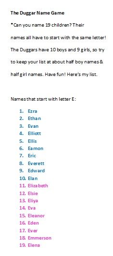 I had fun with this.....  The Duggar Name Game *Can you name 19 children? Their  names all have to start with the same letter! The Duggars have 10 boys and 9 girls, so try  to keep your list at about half boy names & half girl names. Have fun! Here’s my list.  Names that start with letter E: Trendy Baby Boy Names, Cool Baby Boy Names, List Of Girls Names, Names Boy, Unique Baby Boy Names, New Baby Names