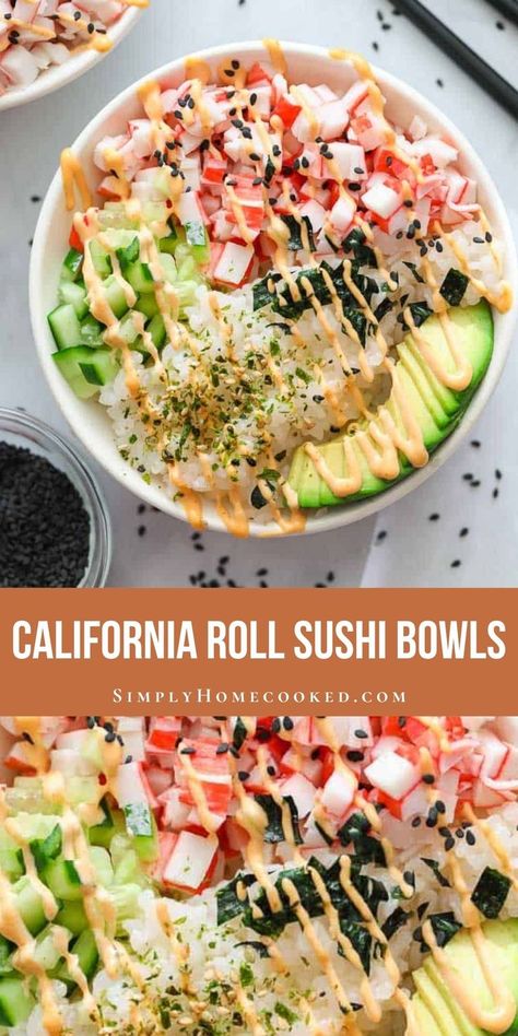 California Roll Stack Recipe, California Roll Poke Bowl, Lazy California Roll, Crunchy Roll Bowl, Cold Sushi Bowl, Healthy Sushi Bowl Meal Prep, Cali Roll Bowl, One Bowl Lunch Ideas, California Roll Dip